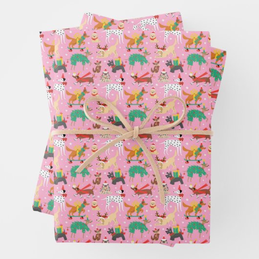 Kersthonden in vakantie outfits patroon inpakpapier vel (In situ)