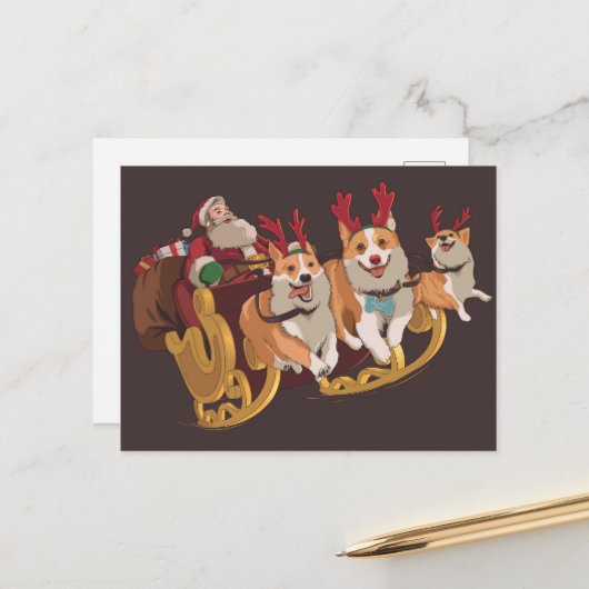 Kersthonden op een slee met de kerstman feestdagenkaart (Voorkant / Achterkant in situ)
