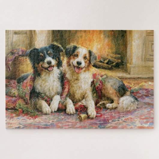 Kersthonden Rustieke Open Haard Nostalgische Schil Legpuzzel (Horizontaal)