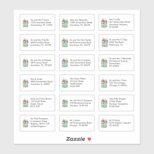Kersthuis 18 Individuele naam Adressen Sticker (Vel)