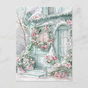 Kersthuis ansichtkaart met mint en roze briefkaart