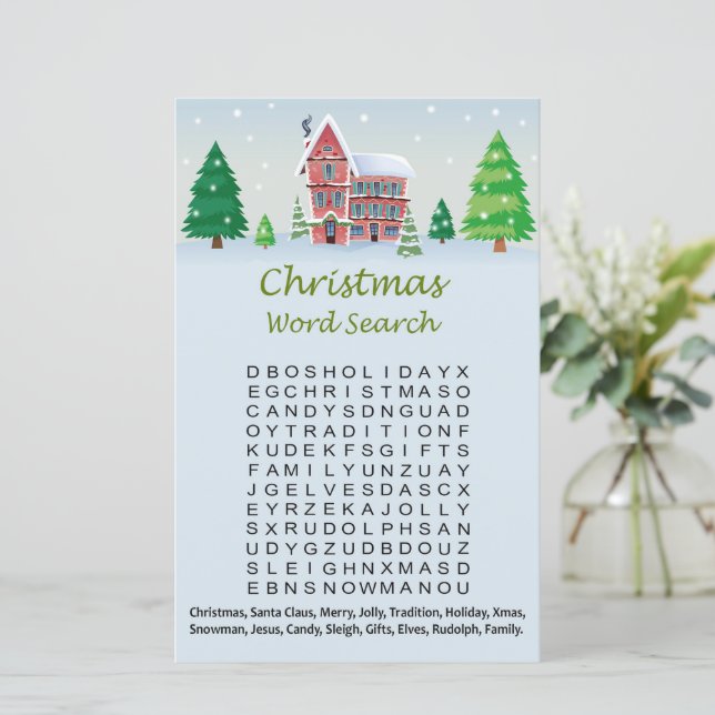 Kersthuis kerst woord zoek spel (Staand voorkant)