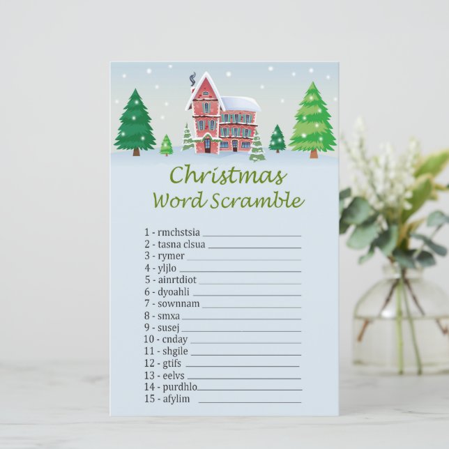 Kersthuis Kerstmis woord scramble spel (Staand voorkant)
