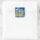 Kersthuis op een sneeuwnacht vakantie vierkante sticker (Tas)