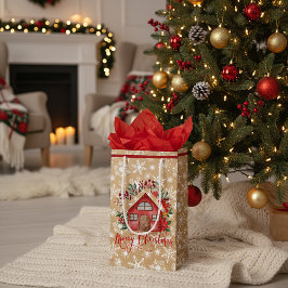 Kersthuis op papieren tas klein cadeauzakje