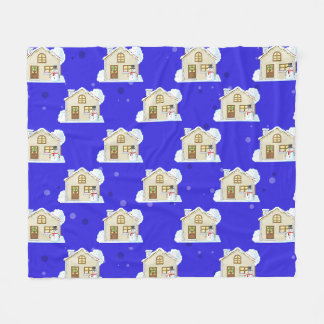 Kersthuis Patroon - Blauwe Achtergrond Fleece Deken