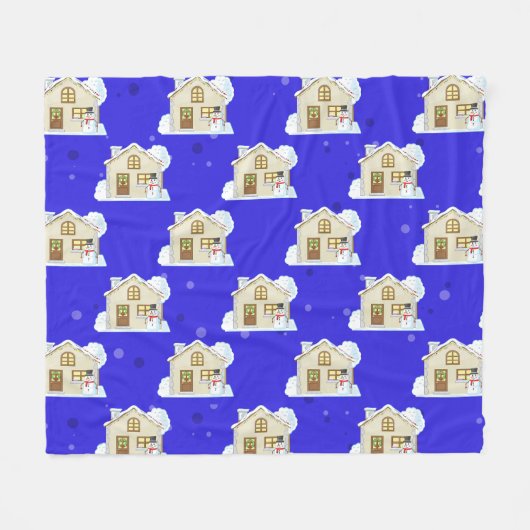 Kersthuis Patroon - Blauwe Achtergrond Fleece Deken (Voorkant (Horizontaal))