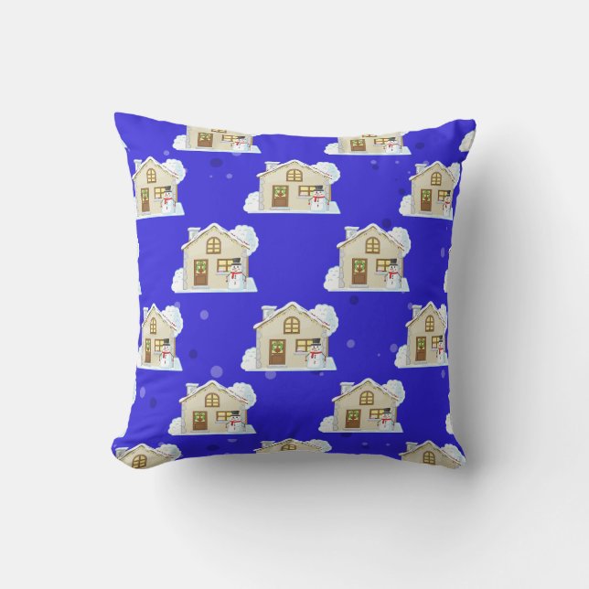Kersthuis Patroon - Blauwe Achtergrond Kussen (Voorkant)