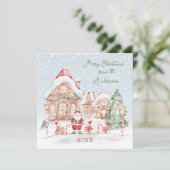 Kersthuis Sneeuw Kerstman Feest Uitnodiging (Staand voorkant)