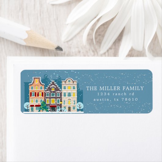 Kersthuis sneeuwdag feestdag retouradres etiket (Insitu)