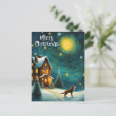 Kersthuisje Hond Winter Nacht Feestdagenkaart (Staand voorkant)