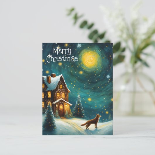 Kersthuisje Hond Winter Nacht Feestdagenkaart (Staand voorkant)