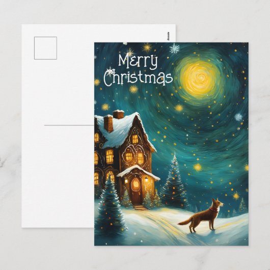 Kersthuisje Hond Winter Nacht Feestdagenkaart (Voorkant / Achterkant)