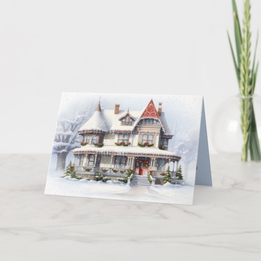 Kersthuisje met sneeuwvlokken feestdagen kaart (Voorkant)