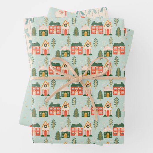 Kersthuizen, Kerstman, Frosty en Bows Inpakpapier Vel (In situ)