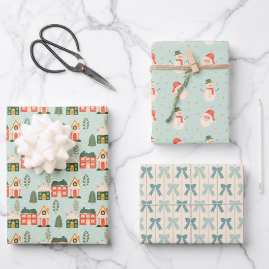 Kersthuizen, Kerstman, Frosty en Bows Inpakpapier Vel (Voorkant)