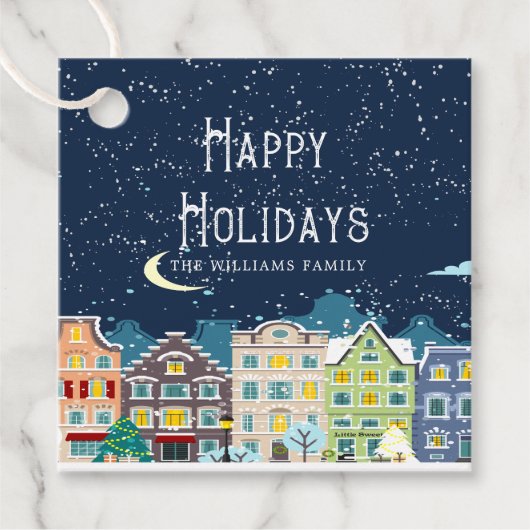 Kersthuizen sneeuwnacht gelukkige vakantie gunst t bedankjes labels (Voorkant)