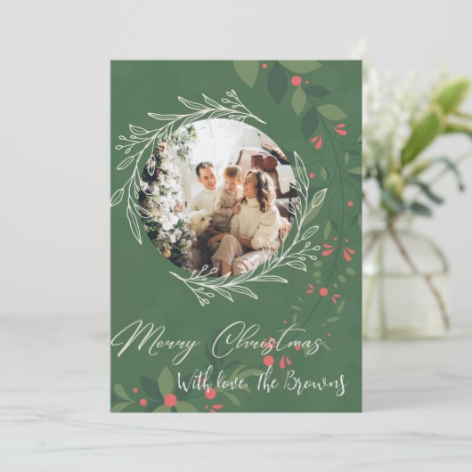 Kersthulst Boeket Groen Foto Navy  Feestdagenkaart (Staand voorkant)