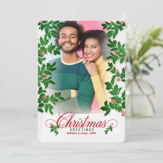 Kersthulst en bessen verticale foto feestdagenkaart (Staand voorkant)