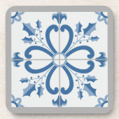 Kersthulst en bloemblaadjes blauwe tegel bier onderzetter (Voorkant)