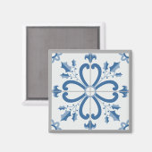Kersthulst en bloemblaadjes blauwe tegel magneet (Voorkant / Achterkant)