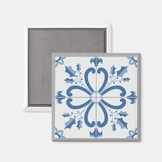 Kersthulst en bloemblaadjes blauwe tegel magneet (Voorkant / Achterkant)