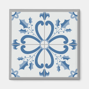 Kersthulst en bloemblaadjes blauwe tegel magneet