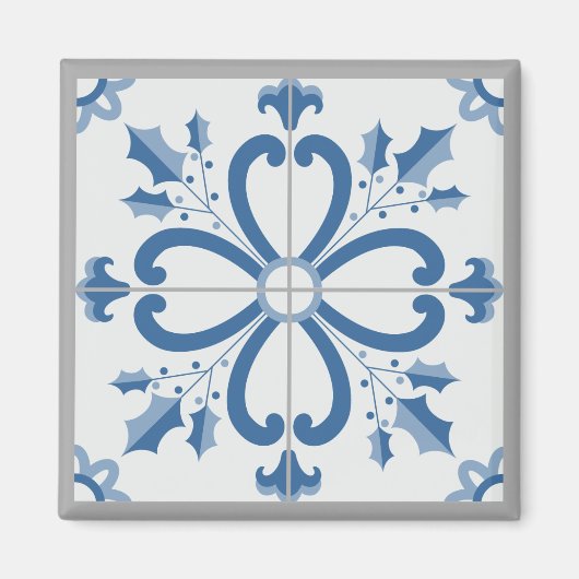 Kersthulst en bloemblaadjes blauwe tegel magneet (Voorkant)