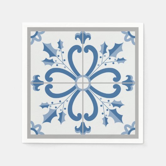 Kersthulst en bloemblaadjes blauwe tegel servet (Voorkant)