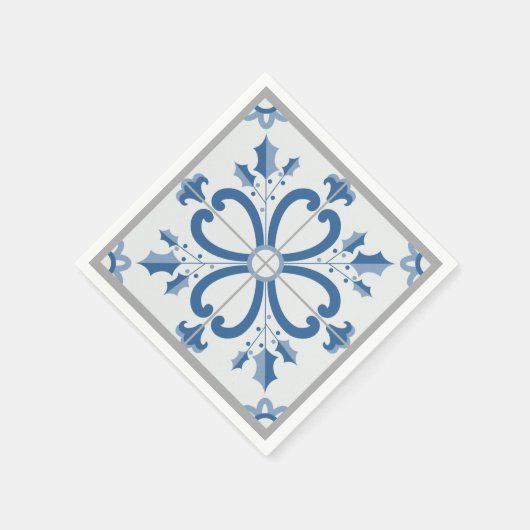 Kersthulst en bloemblaadjes blauwe tegel servet (Hoek)