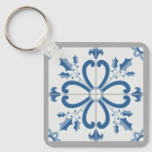 Kersthulst en bloemblaadjes blauwe tegel sleutelhanger (Voorkant)
