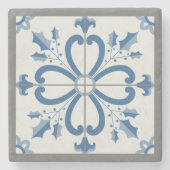 Kersthulst en bloemblaadjes blauwe tegel stenen onderzetter (Voorkant)