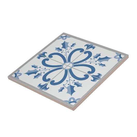 Kersthulst en bloemblaadjes blauwe tegel tegeltje (Zijkant)