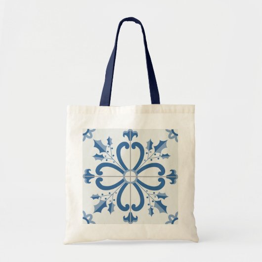 Kersthulst en bloemblaadjes blauwe tegel tote bag (Voorkant)