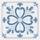 Kersthulst en bloemblaadjes blauwe tegel vierkante sticker (Voorkant)