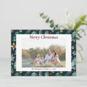 Kersthulst groen Botanisch foto Marineblauw Feestdagenkaart (Staand voorkant)