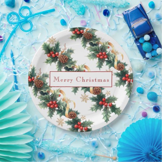 Kersthulst Rode Bessen Dennenappels Gouden Lint Papieren Bordje (Feest)