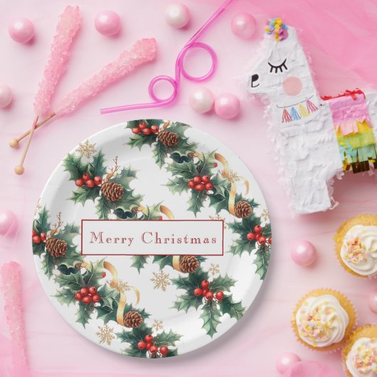 Kersthulst Rode Bessen Dennenappels Gouden Lint Papieren Bordje (Feest)