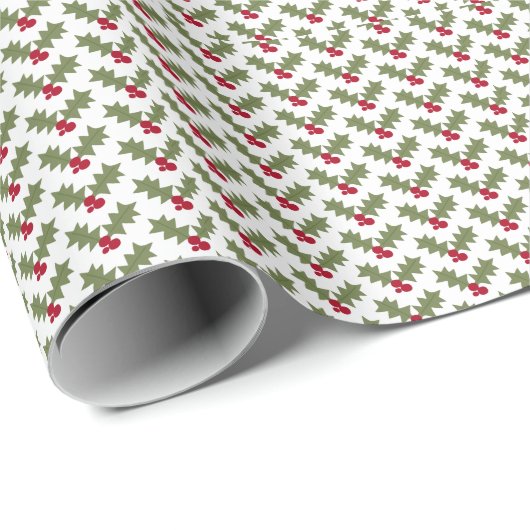 Kersthulst Rode Bessen Groene Bladeren Cadeaupapier (Rol Hoek)