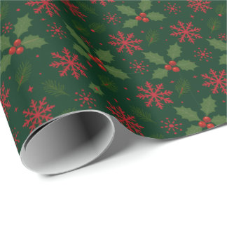 Kersthulst & Rood Sneeuwvlok Patroon Cadeaupapier