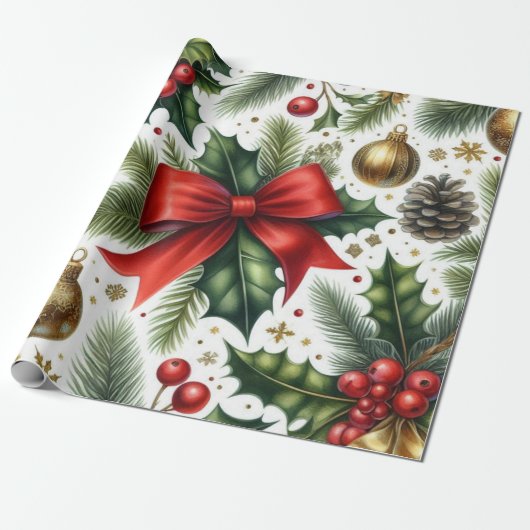 Kersthulstakken en rode strik op wit cadeaupapier (Uitgerold)