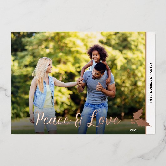 Kersthulstfoto Vrede & Liefde Roze Goud Folie Feestdagenkaart (Voorkant)