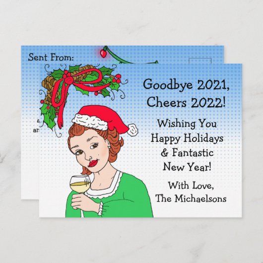 KerstHumor Funny Retro Lady Toasting Briefkaart (Voorkant / Achterkant)