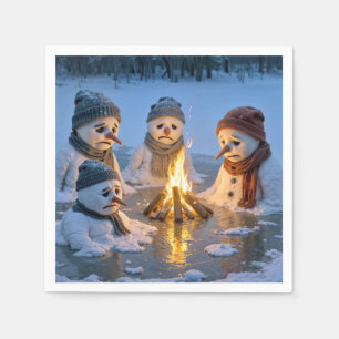 Kersthumor Sneeuwmannen Smelten Rond Een Kampvuur Servet