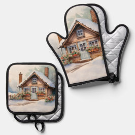Kersthut in het besneeuwde landschap ovenwant & pannenlap set