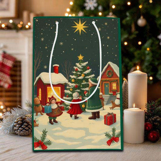 Kerstillustratie in vintage stijl medium cadeauzakje