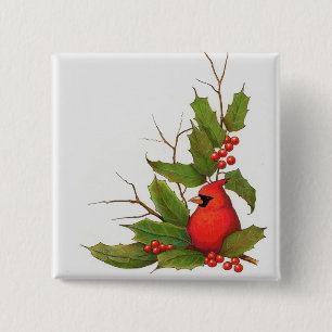 Kerstillustratie met de hand: Holly, kardinaal Vierkante Button 5,1 Cm