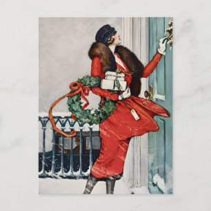 Kerstillustratie uit het verleden op de stoep briefkaart