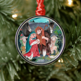 Kerstillustratie van geboorte religieus metalen ornament