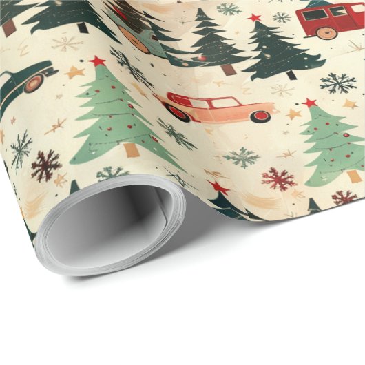 Kerstinpakpapier met bomen en auto's cadeaupapier (Rol Hoek)